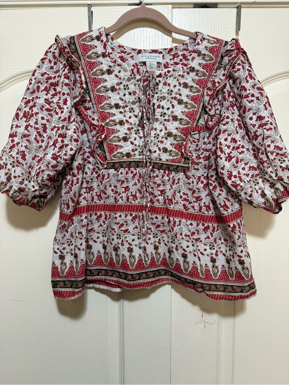 Calypso St. Barth Red and Cream Floral Peasant Blouse